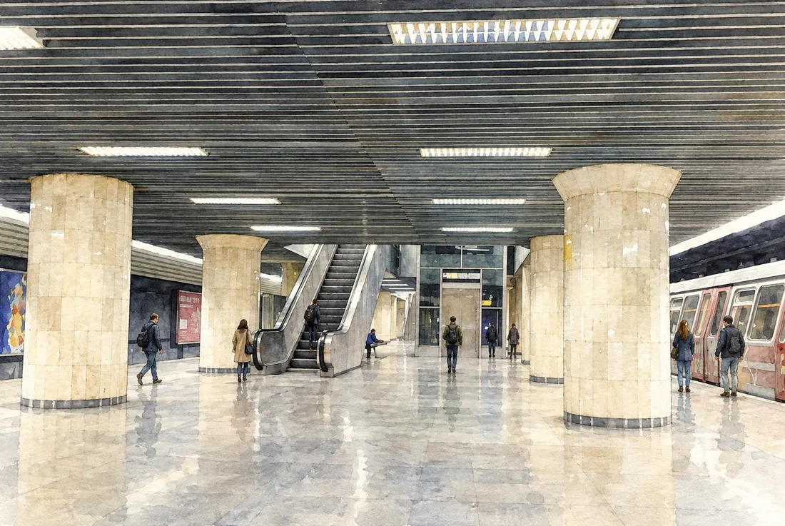 Peronul stației de metrou Gara de Nord 2, pictat în acuarelă: stâlpi rotunzi, plafon din lamele, scări rulante