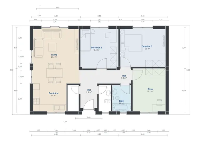 Casă parter cu birou, Timiș – 77 m² – EMB ARHIPRO