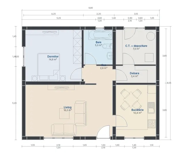 Casă cu verandă, Hunedoara – parter, 61 m² – EMB ARHIPRO